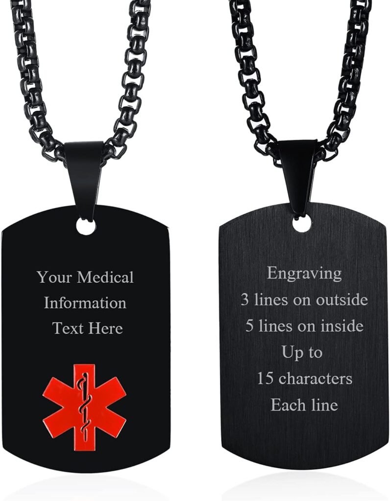 MEALGUET Personalized Medical Alert Necklace | Customized Stainless Steel Emergency Medical ID Dog Tag Pendant Necklace For Mens Womens Teens,Allergy Alert Identification Necklace, 24 Chain