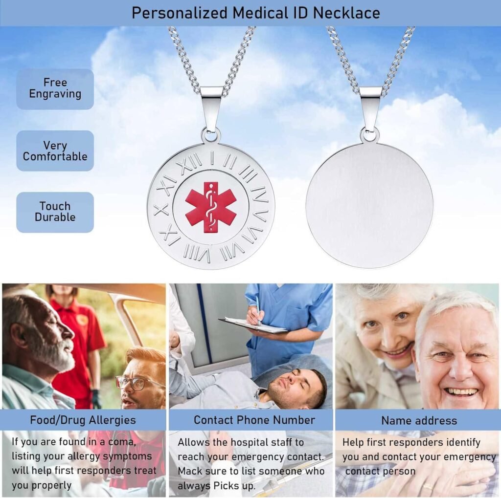 MEALGUET Personalized Medical Alert Necklace | Customized Stainless Steel Emergency Medical ID Dog Tag Pendant Necklace For Mens Womens Teens,Allergy Alert Identification Necklace, 24 Chain