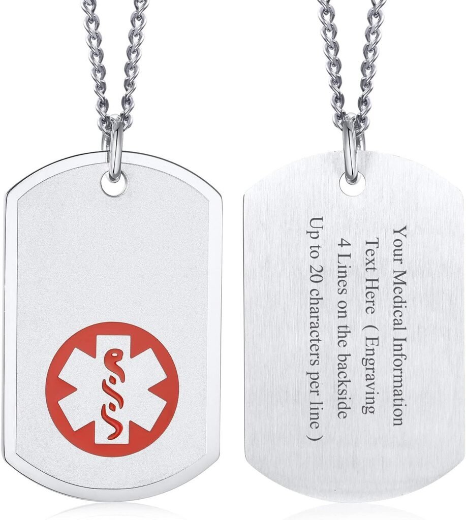 MEALGUET Personalized Medical Alert Necklace | Customized Stainless Steel Emergency Medical ID Dog Tag Pendant Necklace For Mens Womens Teens,Allergy Alert Identification Necklace, 24 Chain