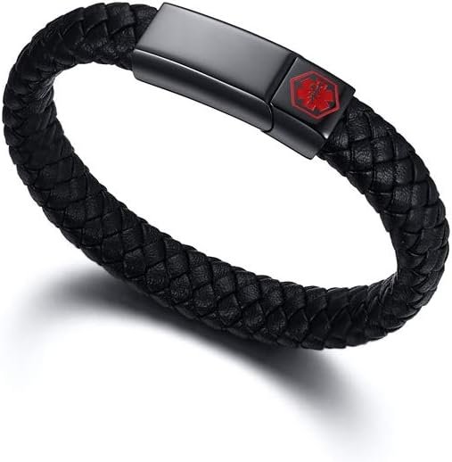 VNOX Medical Bracelet for Men - Genuine Leather Stainless Steel Medical Alert ID Cuff Bangle Bracelet for Men Women,8.3