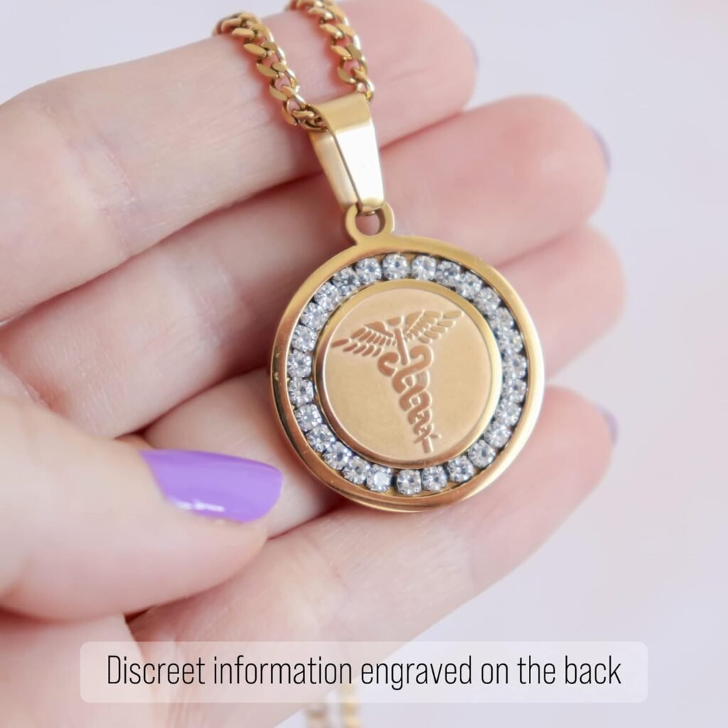 MIA·MIA Medical Alert Necklace For Women Elegant Stainless Steel  Crystals Medic Emergency ID Awareness Jewelry With Engraved Info for diabetes, allergy, epilepsy  other conditions