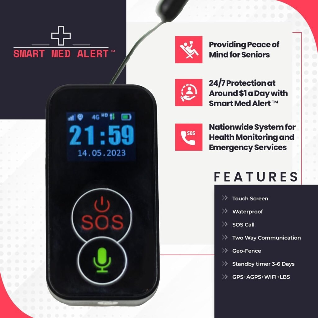 Smart Med Alert - Elderly Cellular Medical Alert Device | Wearable Panic Button Necklace | Medical Alert Systems for Seniors | Water Resistant with Built-in Fall Detection for Better Quality of Life