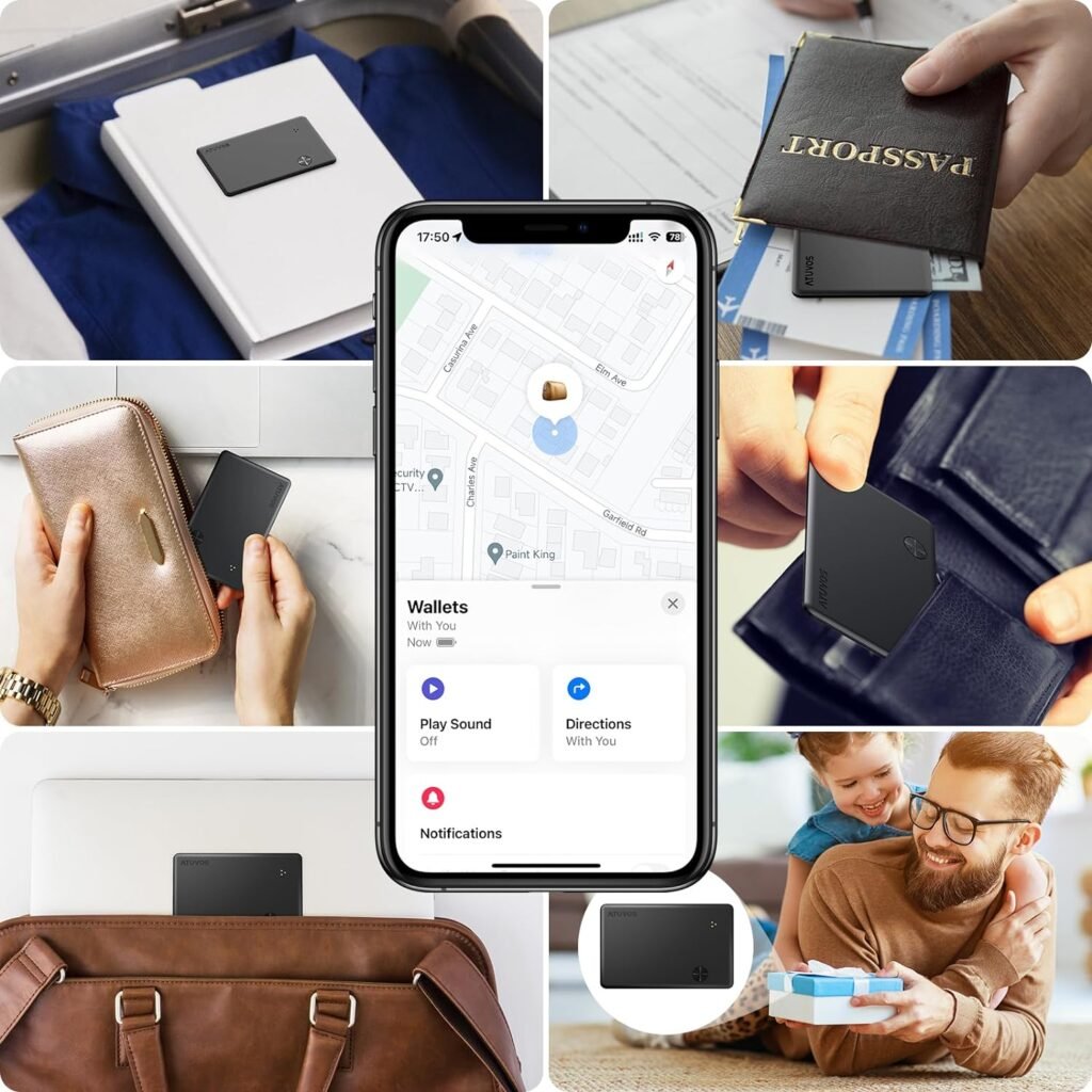 ATUVOS Thin Wallet Tracker Card, Wallet Finder, Smart Bluetooth Locator for Phone, Luggage, Passport, Works with Apple Find My (iOS Only), IP67 Waterproof, Black 1 Pack