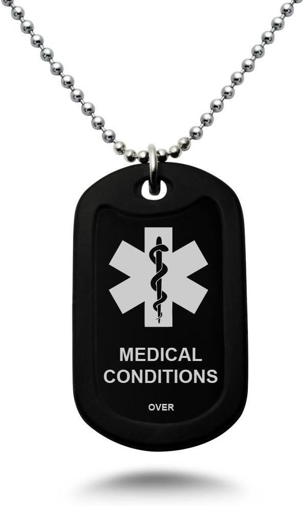 Kriskate  Co. Custom Engraved Medical Alert ID Aluminum Dog Tag Necklace with Stainless Steel bead Chain MADE IN USA