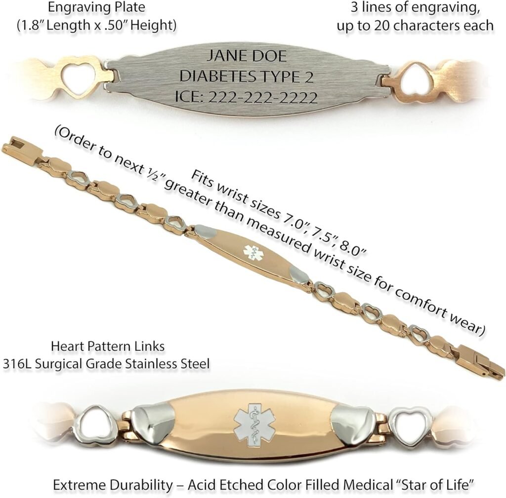 Medical Alert Bracelets for Women Rose Gold Jewelry Black and Silver Heart Link Medical Bracelets Includes Custom Engraving, Shipping  Medical Alert Wallet Card