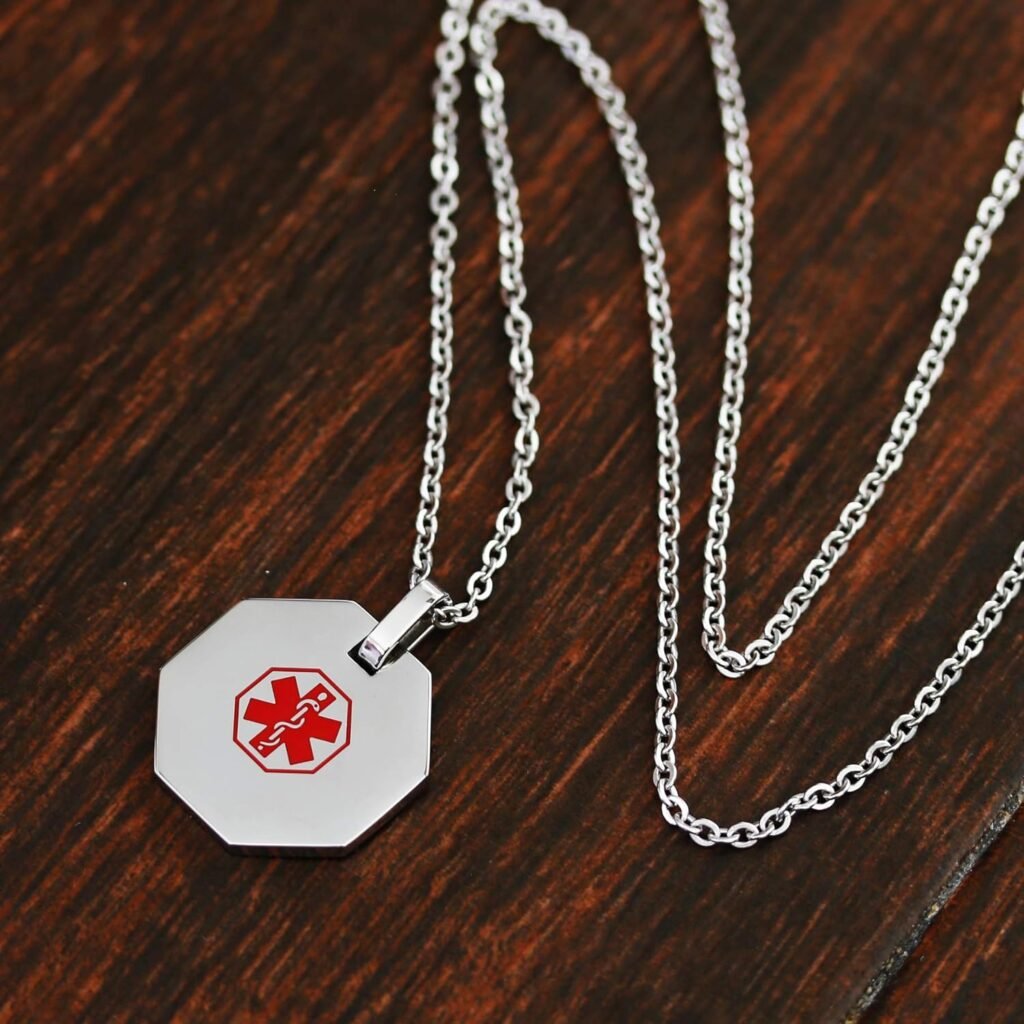 My Identity Doctor - Medical Alert Womens Mens Necklace with Pendant - Custom Engraving for Diabetes Warfarin Dialysis Stroke Pacemakers