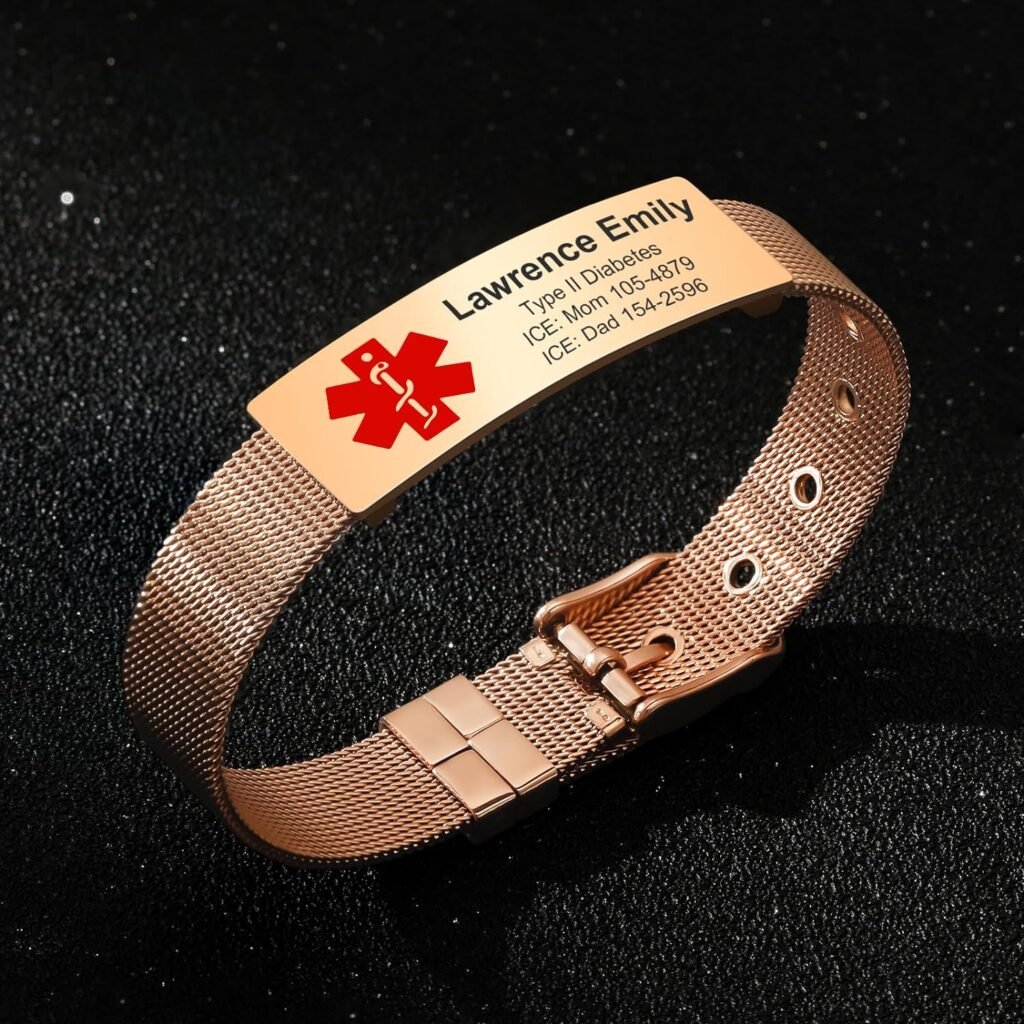 Nibana Personalized Medical Alert Bracelet, Stainless Steel Adjustable Wristband Medical Alert ID Bracelet Wristband Gift for Women Men
