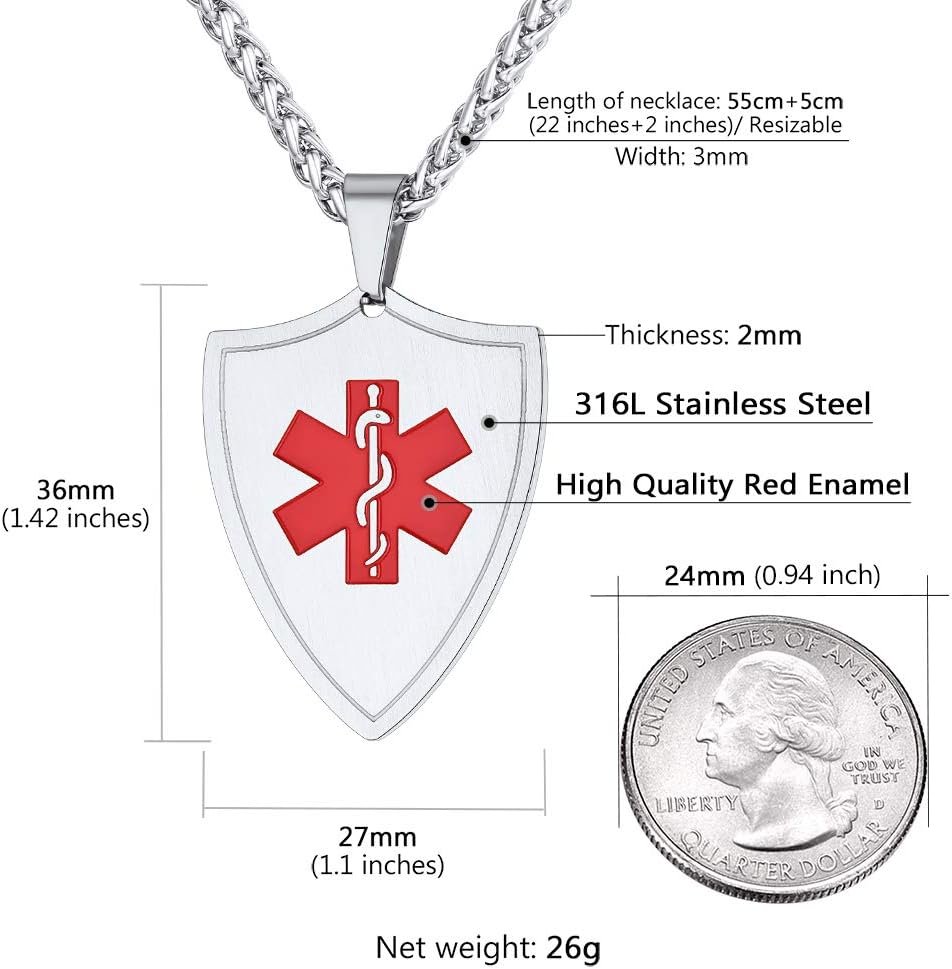 Supcare Medical Alert Necklace for Men Women, Stainless Steel Engraved Medical Emergency Pendant,Customized Medical ID Jewelry(16 Types)