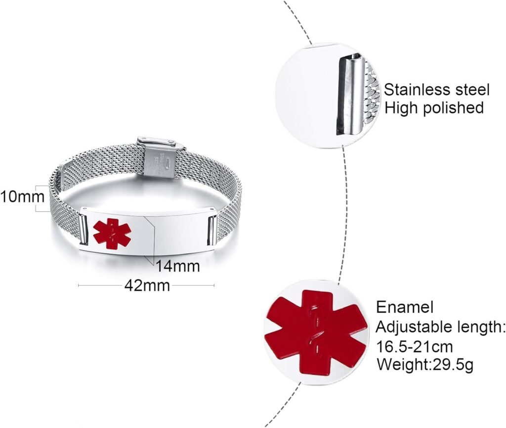 MEALGUET Custom Engraving-Stainless Steel Mesh Wristband Medical Alert ID Bracelets for Men Women, Mens Medical ID Bracelet