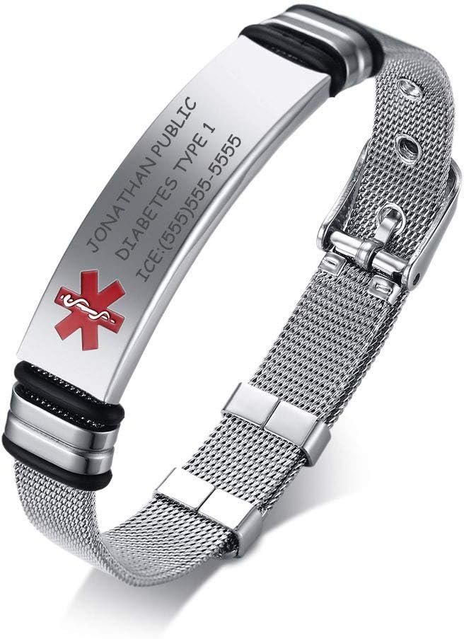 MEALGUET Custom Engraving-Stainless Steel Mesh Wristband Medical Alert ID Bracelets for Men Women, Mens Medical ID Bracelet