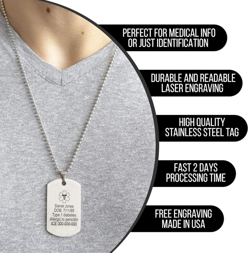 MIA·MIA Medical Alert Necklace personalized for men  women, Custom Stainless Steel Engraved ID emergency awareness prescription unisex jewelry for diabetes, allergy, epilepsy  conditions