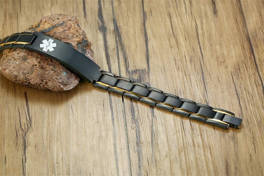 MEALGUET Custom Free Engraving Stainless Steel 2-Tone Black Brushed Medical Alert Link Wristband ID Bracelet for Men