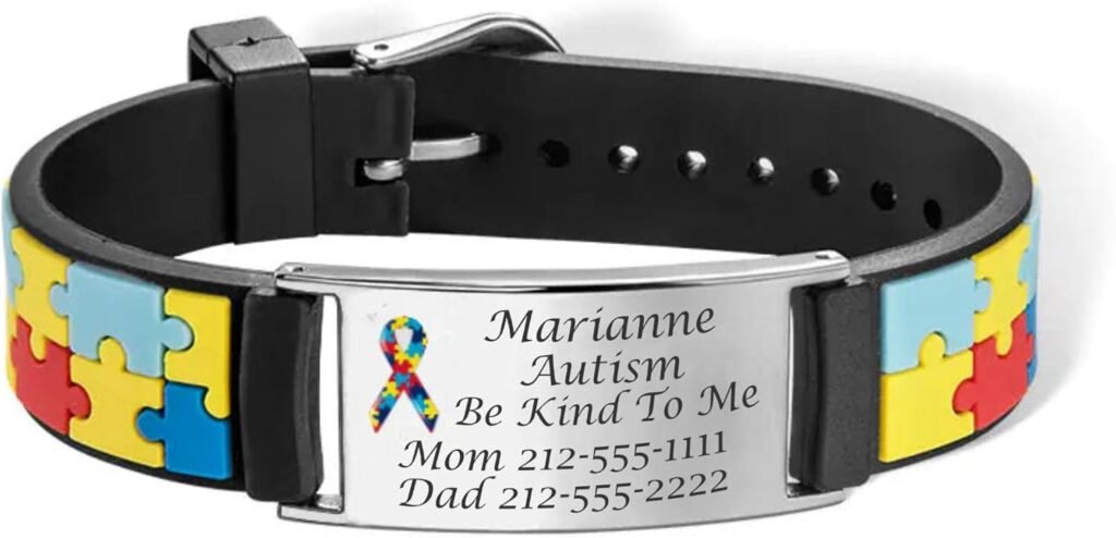 Personalized Autism Medical Alert ID Bracelet Custom Engraved Free - Emergency Silcone Wristband for Kids (5-6.5)- Ships from USA