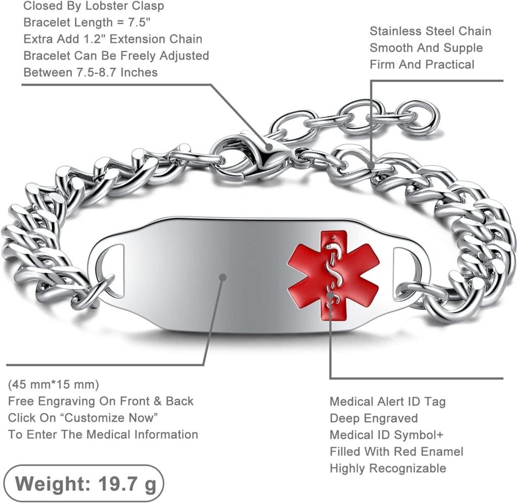 Medical Alert Bracelets for Women Men, Personalized Custom Agate Beaded Medical ID Bracelet, Stainless Steel Layered Emergency Medic Alert ID Bracelet, 6.5-8.5 Inch