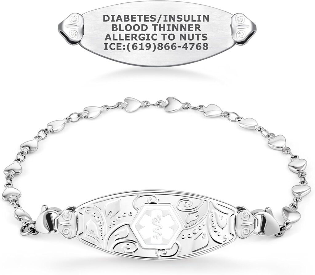 Divoti Custom Engraved Lovely Filigree Medical Alert ID Bracelets for Women with Heart Link Chains – Color/Size