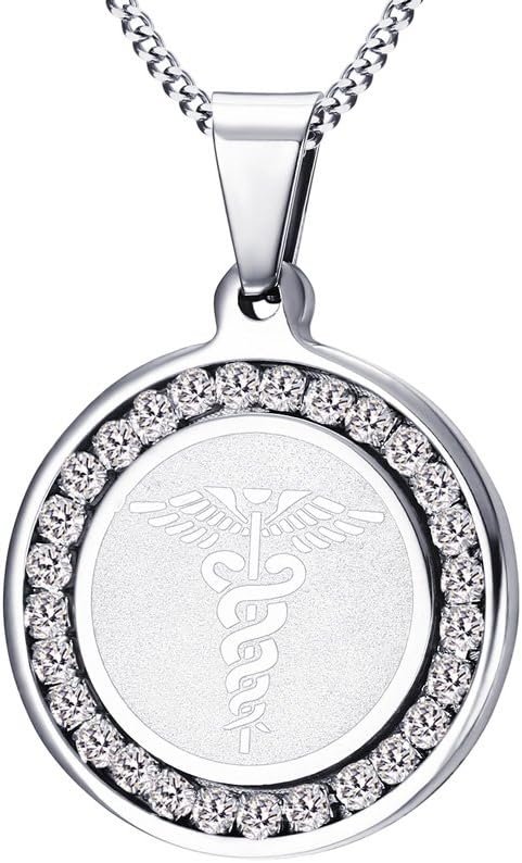 Free Engraving Womens and Mens Stainless Steel Medical Alert ID Cubic Zirconia Pendant Necklaces With 24 Curb Chain