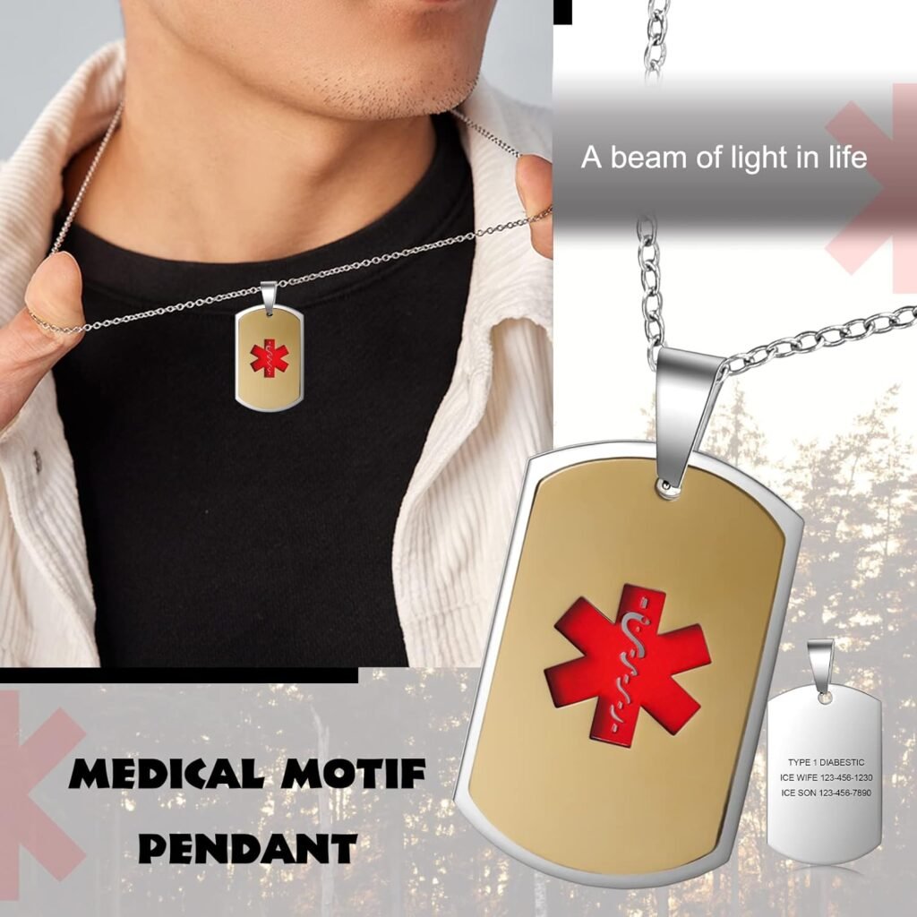 LanM Medical Alert Necklace for Men Engraved Medical ID Tag Emergency Med Alert Necklace for Men  Women Medical Alert Jewelry